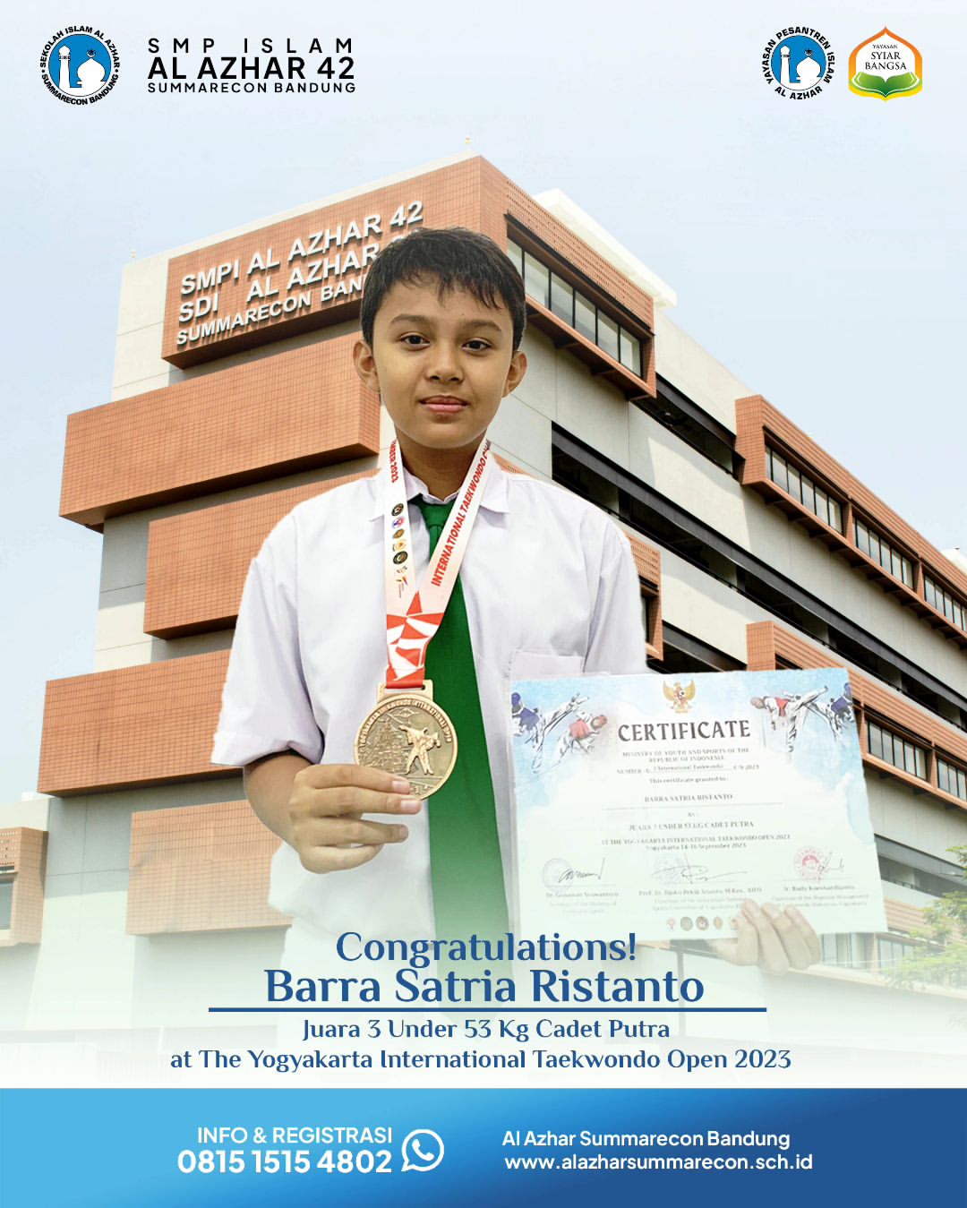 Barra Satria Ristanto - Juara 3 Under 53 Kg Cadet Putra at The Yogyakarta International Taekwondo Open 2023 di Yogyakarta